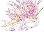  1boy blade colored_pencil_(medium) earrings jewelry kassim kawai_masaki leaning_back long_hair magi_the_labyrinth_of_magic male_focus pink_hair solo traditional_media weapon 