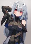  1girl ? arknights arm_behind_head ascot bangs bare_shoulders black_neckwear blush breasts closed_mouth commentary_request daifukumochi_(akaaokiiwo) eyebrows_visible_through_hair gradient gradient_background grey_background hair_between_eyes highres infection_monitor_(arknights) long_hair long_sleeves looking_at_viewer medium_breasts red_eyes silver_hair skadi_(arknights) solo speech_bubble spoken_question_mark underbust upper_body very_long_hair 