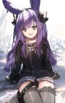  1girl animal_ears arknights arm_support bangs black_bow black_choker black_eyes black_jacket black_legwear bow choker commentary cowboy_shot debris ear_piercing eyebrows_visible_through_hair hair_bow highres jacket light_particles long_hair long_sleeves looking_at_viewer nanaponi open_mouth piercing purple_hair rabbit_ears rope_(arknights) sitting smile solo thigh-highs thigh_pouch white_background 
