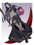  1boy bare_shoulders black_hair guilty_gear highres kyo_niku long_hair looking_at_viewer midriff scythe skirt skull straight_hair testament_(guilty_gear) 