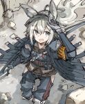  1girl :d animal_ears arknights bangs blue_jacket blue_pants exion_(neon) grani_(arknights) grey_eyes grey_hair hair_between_eyes holding holding_polearm holding_spear holding_weapon horse_ears jacket long_hair looking_at_viewer looking_up open_mouth pants polearm ponytail rubble smile solo spear standing weapon 