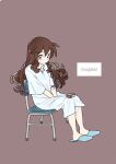  1girl bangs blue_eyes blush brown_background brown_hair chair closed_mouth commentary_request hagetapo hair_between_eyes hilda_(pokemon) hospital_gown long_hair looking_at_viewer pokemon pokemon_(game) pokemon_bw sidelocks simple_background sitting slippers solo 