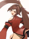  1girl brown_eyes brown_hair chinese_clothes dress flasso guilty_gear guilty_gear_xrd hair_ornament hair_ring highres kuradoberi_jam long_hair long_sleeves looking_at_viewer open_mouth red_dress twintails very_long_hair 