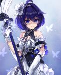  1girl antenna_hair bangs bare_shoulders blue_eyes blue_hair butterfly_background chabatake chain closed_mouth dress flower gloves hair_between_eyes hair_flower hair_ornament holding holding_weapon honkai_(series) honkai_impact_3rd looking_at_viewer scythe seele_vollerei seele_vollerei_(stygian_nymph) shaded_face short_hair sleeveless sleeveless_dress smile solo weapon white_dress white_flower white_gloves 
