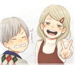  1boy 1girl blonde_hair brother_and_sister closed_mouth commentary_request embarrassed green_eyes grey_hair haiba_arisa haiba_lev haikyuu!! hair_ornament hairclip happy laugh_111 long_sleeves looking_at_viewer siblings sweater teeth v younger 