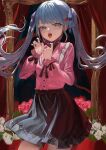  1girl absurdres fangs hair_ornament hatsune_miku heart highres iinagi_(kashiwa_keira) jewelry long_hair long_sleeves looking_at_viewer mask mask_pull mouth_mask open_mouth ribbon shirt simple_background skirt smile solo twintails vampire_(vocaloid) 