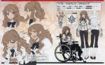  1girl absurdres artbook black_bow blue_eyes bow bowtie brown_hair chair character_name character_profile character_sheet expressions fate/apocrypha fate_(series) fiore_forvedge_yggdmillennia highres konoe_ototsugu magazine_scan multiple_views official_art profile scan shouting sitting tearing_up turnaround wheelchair 