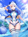  1girl absurdres ball bangs beachball blue_bow blue_jacket blue_sky blue_swimsuit bow breasts energy_sword fate/grand_order fate_(series) hair_between_eyes hair_bow highleg highleg_swimsuit highres jacket large_breasts lens_flare long_hair looking_at_viewer mili_(pixiv24297867) one-piece_swimsuit open_clothes open_jacket ponytail red_eyes short_sleeves silver_hair sky smile solo sunlight swimsuit sword thigh_strap thighs tomoe_gozen_(fate) tomoe_gozen_(swimsuit_saber)_(fate) two-tone_swimsuit wading water weapon white_swimsuit 
