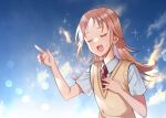  1girl :d blue_sky blush brown_hair closed_eyes clouds collared_shirt commentary_request day hands_up long_hair minatoasu miyamoto_konatsu necktie open_mouth outdoors red_neckwear school_uniform shirt short_sleeves sky smile solo sweater_vest tari_tari upper_body white_shirt 