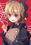  black_bow blonde_hair bow breasts brown_dress buttons dress eyebrows_visible_through_hair hair_bow highres kurodani_yamame long_sleeves looking_at_viewer medium_breasts meimei_(meimei89008309) open_mouth red_background red_eyes short_hair silk spider_web touhou 
