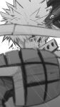  1boy bakugou_katsuki blood blood_on_face blurry blurry_foreground boku_no_hero_academia foreshortening greyscale highres looking_at_viewer male_focus monochrome nstime23 rain solo symbol-only_commentary 