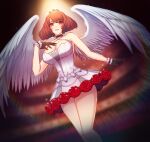  1girl angel_wings anna_(frozen) bangs bare_legs bare_shoulders black_gloves breasts brown_hair eyebrows_behind_hair eyebrows_visible_through_hair flower gloves illusion_connect light open_mouth raoul_(raoul77) red_eyes short_hair skirt smile solo white_skirt white_wings wings 