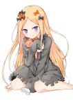  1girl abigail_williams_(fate) bangs black_bow black_dress blonde_hair blue_eyes blush bow breasts dress fate/grand_order fate_(series) forehead hair_bow long_hair long_sleeves looking_at_viewer multiple_bows orange_bow parted_bangs polka_dot polka_dot_bow ribbed_dress sitting sleeves_past_fingers sleeves_past_wrists small_breasts smile stuffed_animal stuffed_toy teddy_bear tsuki_mido wariza 