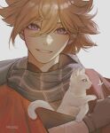  1boy animal bandaged_hand bandages black_gloves blonde_hair cat commentary faeyra fingerless_gloves genshin_impact gloves highres holding holding_animal holding_cat japanese_clothes kazuha&#039;s_friend_(genshin_impact) looking_at_viewer messy_hair parted_lips scar scar_on_face scar_on_nose signature simple_background smile solo twitter_username violet_eyes white_background white_cat 