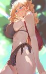  1girl bag bikini blonde_hair blue_eyes blurry blurry_background breasts from_below from_side highres large_breasts long_hair messy_hair original ryusei_hashida sarong sideboob solo swimsuit veins veiny_breasts 