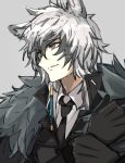  1boy animal_ears arknights bangs black_gloves black_jacket black_neckwear closed_mouth exion_(neon) fur-trimmed_jacket fur_trim gloves grey_background grey_eyes grey_hair hair_between_eyes jacket leopard_ears looking_to_the_side medium_hair necktie polo_shirt portrait shirt silverash_(arknights) simple_background smile solo white_shirt 