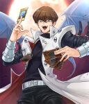  1boy arm_belt belt black_pants black_shirt blue_eyes brown_hair card coat dragon_wings full_moon highres holding holding_card jewelry jigoku_meguri_1 kaiba_seto looking_at_viewer male_focus moon necklace night open_clothes open_coat open_mouth pants shirt short_hair solo turtleneck white_coat wings yu-gi-oh! 