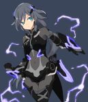  1girl :o bangs black_gloves black_hair blue_hair breasts electricity exion_(neon) fu_hua fu_hua_(shadow_knight) gauntlets gloves grey_background hair_between_eyes hair_ornament honkai_(series) honkai_impact_3rd long_hair long_sleeves looking_at_viewer open_mouth ponytail simple_background small_breasts solo 