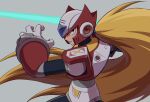  1boy android armor blonde_hair blue_eyes closed_mouth commentary energy_sword english_commentary gloves grey_background hand_up helmet highres holding holding_sword holding_weapon hoshi_mikan long_hair looking_at_viewer male_focus mega_man_(series) mega_man_x_(series) ponytail red_headwear robot_ears serious shoulder_armor simple_background solo sword very_long_hair weapon white_gloves zero_(mega_man) 