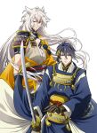  2boys animal_ears armor black_gloves blue_hair commentary_request fox_ears frown gloves grey_eyes japanese_clothes katana kawai_masaki kogitsunemaru male_focus mikazuki_munechika multiple_boys red_eyes serious shoulder_armor sword touken_ranbu vambraces weapon white_hair 