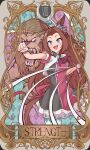  1girl absurdres animal_ears blue_eyes breasts brown_hair card_(medium) discharge_mochi fingerless_gloves gloves hair_ribbon highres horse_ears horse_girl huge_filesize kawakami_princess_(umamusume) lion long_hair medium_breasts open_mouth punching ribbon solo tarot umamusume 