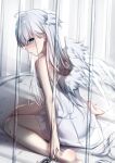  1girl ahoge blue_eyes cage chain chained commentary dress feathered_wings head_wings highres in_cage long_hair off-shoulder_dress off_shoulder original sideways_glance sitting solo umou_(may65879) wariza white_dress white_hair white_wings wings 