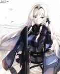  1girl an-94 an-94_(girls_frontline) assault_rifle bangs black_gloves black_hairband blue_eyes closed_mouth commentary eyebrows_visible_through_hair girls_frontline gloves gun hairband hand_in_hair hand_up highres holding holding_gun holding_weapon jacket long_hair looking_away looking_to_the_side nekoya_(liu) object_namesake purple_jacket revision rifle short_shorts shorts sidelocks solo trigger_discipline twitter_username very_long_hair weapon white_background white_hair white_shorts 