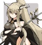  1girl arknights bangs bare_shoulders black_dress black_sleeves blonde_hair border closed_mouth dress exion_(neon) grey_background hair_between_eyes holding holding_wand horns long_hair looking_at_viewer orange_eyes pointy_ears ponytail shining_(arknights) simple_background solo wand 