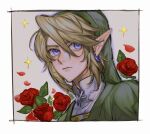  1boy bangs bibabunie blonde_hair blue_eyes closed_mouth earrings flower green_headwear hair_between_eyes hat jewelry leaf link male_focus petals pointy_ears portrait red_flower red_rose rose simple_background solo sparkle the_legend_of_zelda tunic 