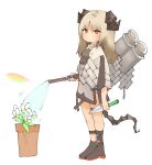  1girl annoyed arknights bare_legs black_dress black_footwear brown_hair cloak closed_mouth dress flamethrower flower from_side full_body hair_between_eyes highres holding holding_weapon horns ifrit_(arknights) looking_at_viewer looking_to_the_side low_twintails pencil_dress plant rainbow red_eyes shoes short_dress short_hair simple_background soda_(sod4) solo thighs twintails v-shaped_eyebrows watering weapon white_background white_cloak white_flower 
