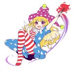  1girl american_flag_dress american_flag_legwear blonde_hair blush caramell0501 clownpiece dress eyebrows_visible_through_hair fairy fairy_wings frilled_shirt_collar frills full_body hat highres jester_cap long_hair neck_ruff open_mouth pantyhose polka_dot_headwear simple_background star_(symbol) star_print torch touhou unfinished v very_long_hair violet_eyes wings 