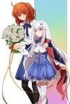  2girls ahoge anniversary_blonde bangs black_gloves black_legwear blue_dress blue_skirt blush bouquet breasts brown_eyes cape collared_shirt dress dress_shirt fairy_knight_lancelot_(fate) fate/grand_order fate_(series) flower frills fujimaru_ritsuka_(female) gloves hair_ornament hair_scrunchie holding_hands long_hair long_sleeves medium_breasts multiple_girls oiun one_side_up orange_eyes orange_hair pantyhose scrunchie shirt short_hair sidelocks skirt small_breasts smile thigh-highs thighs white_hair white_legwear white_shirt 