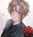  1boy ahoge axis_powers_hetalia bangs bibabunie black_gloves blue_neckwear brown_eyes brown_hair flower gloves grey_background grey_shirt heart heart_ahoge highres looking_at_viewer male_focus necktie northern_italy_(hetalia) one_eye_closed red_flower red_rose rose shirt simple_background smile solo twitter_username 