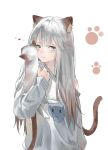  1girl absurdres animal animal_ears blue_eyes brown_hair cat cat_ears cat_girl cat_tail closed_mouth commentary commentary_request english_commentary gradient_hair grey_sweater heart highres holding holding_animal jenmin12 long_hair long_sleeves looking_at_viewer multicolored_hair original paw_print silver_hair simple_background single_bare_shoulder slit_pupils solo sweater tail upper_body white_background 