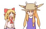  2girls bangs blonde_hair bow brown_headwear closed_mouth cosplay costume_switch empty_eyes eyebrows_visible_through_hair hair_bow hat horn_ornament horn_ribbon horns ibuki_suika long_hair long_sleeves looking_at_another looking_at_viewer low-tied_long_hair mizusoba moriya_suwako multiple_girls open_mouth orange_hair purple_ribbon purple_vest red_bow red_eyes red_neckwear ribbon short_hair sidelocks simple_background smile torn_clothes torn_hat torn_sleeves touhou turtleneck upper_body vest white_background wide_sleeves 