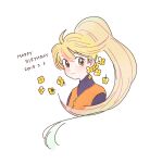  1girl ahoge bangs blonde_hair blush closed_mouth dated eyelashes flower hagetapo happy_birthday long_hair number orange_vest pokemon pokemon_adventures ponytail shirt smile solo symbol-only_commentary vest yellow_(pokemon) yellow_eyes yellow_flower 