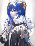  1girl arknights black_jacket blue_eyes blue_hair commentary demon_horns eyebrows_visible_through_hair fur-trimmed_jacket fur_trim gloves grey_background halo hand_in_hair highres horns jacket long_hair long_sleeves mostima_(arknights) nanaponi parted_lips shirt smile solo upper_body white_gloves white_shirt 