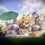  5girls animal_ears animal_hands artist_request bag bento blonde_hair bow cat_ears cat_girl clouds cloudy_sky de_lisle_(girls_frontline) drill_hair fleeing food furry girls_frontline grass hair_between_eyes hair_bow hat highres ice_cream_cone kneeling long_hair minigirl mk_12_(girls_frontline) mouse_ears mouse_girl multiple_girls official_art open_mouth outdoors parasol picnic pig_ears pig_girl pm-9_(girls_frontline) red_eyes sky tabuk_(girls_frontline) tail thigh-highs tokarev_(girls_frontline) umbrella yellow_eyes 