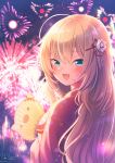  1girl :d aerial_fireworks akai_haato bangs blue_eyes blush commentary_request eyebrows_visible_through_hair fang fireworks floral_print from_behind haaton_(akai_haato) hair_between_eyes hair_ornament hand_fan heart heart_print highres hololive japanese_clothes kimono light_particles long_hair looking_at_viewer looking_back magowasabi open_mouth paper_fan print_kimono red_kimono signature skin_fang sky smile solo twitter_username uchiwa upper_body virtual_youtuber 