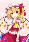  1girl :d absurdres bangs blonde_hair bow collar commentary_request cowboy_shot crystal eyebrows_visible_through_hair fang finger_to_mouth flandre_scarlet frilled_collar frilled_sleeves frills hat hat_bow highres looking_at_viewer mob_cap one_side_up open_mouth puffy_short_sleeves puffy_sleeves red_bow red_eyes red_skirt red_vest ruhika shirt short_sleeves skirt skirt_set smile solo touhou vest white_headwear white_shirt wings wrist_cuffs yellow_neckwear 