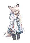  1girl ahoge animal_ears arknights black_choker black_legwear black_skirt blue_eyes blue_shirt choker closed_mouth coat commentary_request cowboy_shot eyebrows_visible_through_hair fox_ears fox_girl fox_tail from_behind grey_hair highres hooded_coat id_card long_sleeves looking_at_viewer medium_hair nanaponi open_clothes open_coat oripathy_lesion_(arknights) pantyhose red_cross shirt simple_background skirt sleeves_past_wrists solo sussurro_(arknights) tail white_background white_coat 