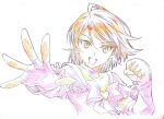  1girl colored_pencil_(medium) cure_black detached_sleeves earrings fingerless_gloves futari_wa_precure gloves green_eyes heart heart_earrings highres jewelry kawai_masaki medium_hair misumi_nagisa open_mouth orange_hair precure smile solo traditional_media upper_body 