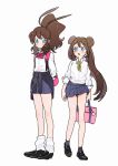  2girls alternate_costume antenna_hair backpack bag bangs black_cardigan black_footwear blue_eyes blush bow bowtie brown_hair cardigan cardigan_around_waist closed_mouth clothes_around_waist collared_shirt double_bun eyebrows_visible_through_hair eyelashes hagetapo hilda_(pokemon) long_hair long_sleeves loose_socks multiple_girls pink_bag pink_neckwear pleated_skirt pokemon pokemon_(game) pokemon_bw pokemon_bw2 rosa_(pokemon) school_uniform shirt shoes skirt sleeves_rolled_up white_legwear white_shirt yellow_neckwear 