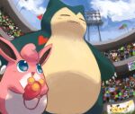 :d blue_eyes blush closed_eyes clouds commentary_request day fangs fangs_out fouinar from_below gen_1_pokemon grass holding open_mouth outdoors pikachu pokemon pokemon_(creature) sky smile snorlax stadium tongue wigglytuff 