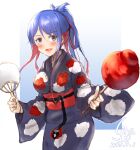  1girl artist_logo blue_hair blue_kimono candy_apple commentary_request cowboy_shot dated floral_print folded_ponytail food foreshortening hand_fan highres japanese_clothes kantai_collection kimono ld_(luna_dial398) long_hair multicolored_hair official_alternate_costume one-hour_drawing_challenge paper_fan redhead solo south_dakota_(kancolle) uchiwa yukata 