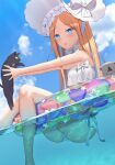  1girl :o abigail_williams_(fate) abigail_williams_(swimsuit_foreigner)_(fate) absurdres animal ass bangs bare_shoulders black_cat blonde_hair blue_eyes blush bonnet bow cat chinese_commentary eyebrows_visible_through_hair fate/grand_order fate_(series) feet_out_of_frame floating floating_object frilled_swimsuit frills grey_cat hat heart heart_print highres holding holding_animal holding_cat long_hair looking_at_viewer ocean open_mouth parted_bangs solo star_(symbol) star_facial_mark star_print swimsuit yinori 