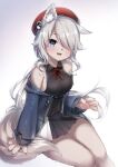  1girl 9a-91_(girls_frontline) animal_ear_fluff animal_ears animal_hands bare_shoulders beret black_skirt blue_eyes blue_jacket blush breasts costume_request fang feet_out_of_frame furrification furry furry_female girls_frontline grey_hair hair_over_one_eye hat highres jacket long_hair looking_at_viewer medium_breasts neck_ribbon off_shoulder official_alternate_costume open_clothes open_jacket open_mouth red_headwear red_ribbon ribbon simple_background sitting skirt solo tail two-tone_skirt umou_(may65879) white_background white_skirt 
