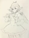  1girl bow bowtie choko_(cup) commentary_request cowboy_shot cropped_legs cup dress feathered_wings hair_between_eyes hand_on_hip hand_up hat head_wings highres holding holding_cup kurehon_shouya long_sleeves looking_at_viewer mystia_lorelei sketch smile solo touhou winged_hat wings 