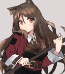  1girl animal_ears arknights bangs belt belt_buckle black_neckwear border brown_hair buckle cat_ears closed_mouth earrings exion_(neon) grey_background hair_between_eyes holding holding_wand jacket jewelry long_hair long_sleeves looking_at_viewer necktie red_jacket simple_background skyfire_(arknights) solo wand yellow_eyes 