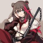  1girl animal_ears arknights axe bangs bear_ears black_skirt blue_eyes brown_hair closed_mouth exion_(neon) fur-trimmed_jacket fur_trim hair_between_eyes hand_on_own_cheek hand_on_own_face jacket leggings long_hair looking_at_viewer multicolored_hair red_jacket red_legwear school_uniform shirt sitting skirt smile solo streaked_hair white_shirt zima_(arknights) 